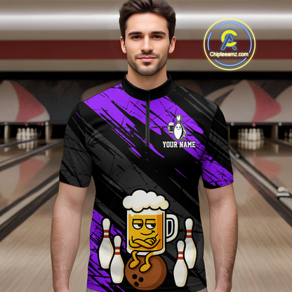 Custom Purple Funny Beer Bowling Jersey for Men Bowling Uniform Polo & 1/4 Zip Bowling Team Shirts HNT107