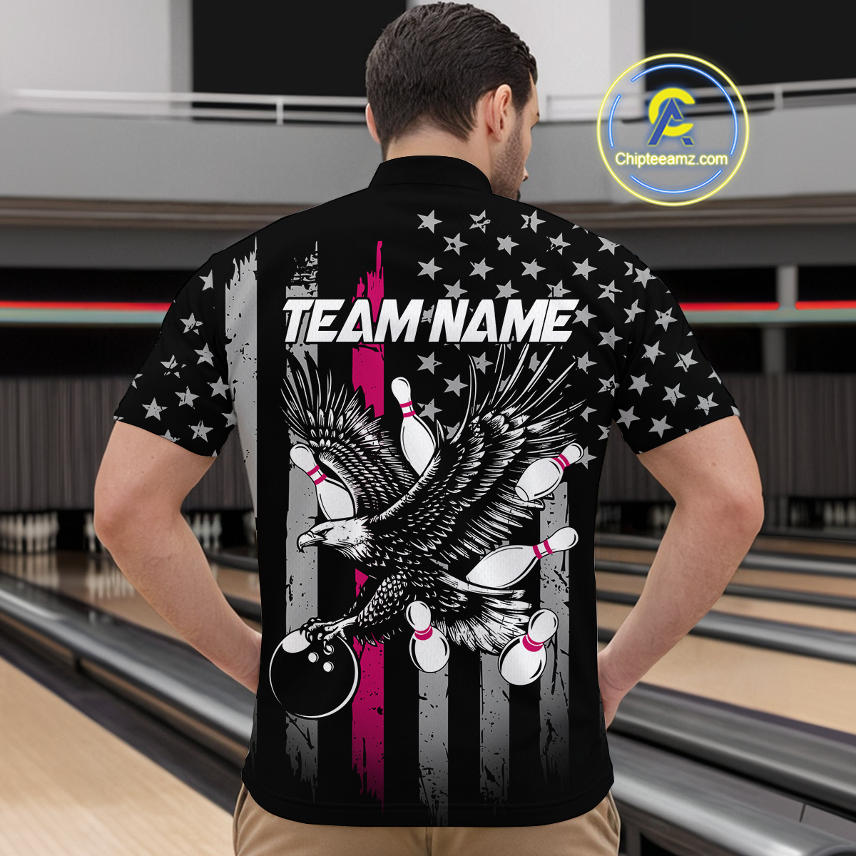 Custom Pink US Flag Eagle Bowling Jersey for Men Bowling Team Shirts Polo & 1/4 Zip HNT119