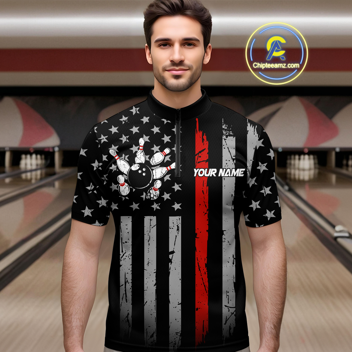 Custom Red US Flag Eagle Bowling Jersey for Men Bowling Team Shirts Polo & 1/4 Zip HNT119