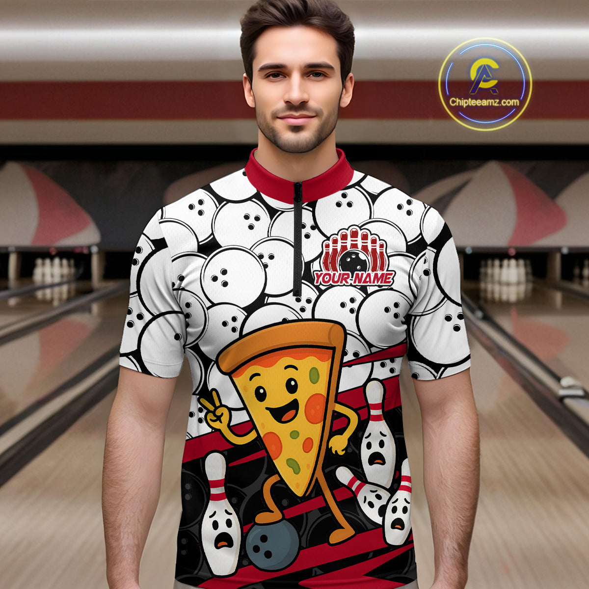 Custom Red Funny Pizza Bowling Shirt Bowling with Food for Men Polo Bowling Jersey QZT799