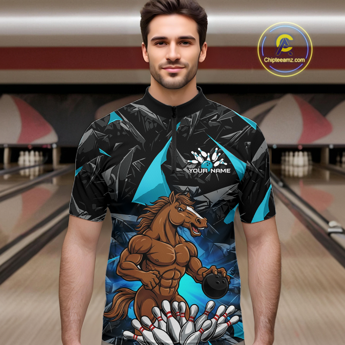 Custom Turquoise Funny Horse Bowling Jersey for Men Bowling Team Shirts Bowling League Polo & 1/4 Zip HNT183