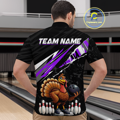 Custom Purple Funny Turkey Bowling Jersey for Men Thanksgiving Bowling Shirts Polo & 1/4 Zip HNT117
