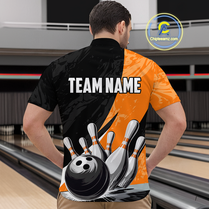 Custom Orange Bowling Custom Men Bowling Shirt Polo & Quarter-Zip Bowling Team Jerseys HNT75