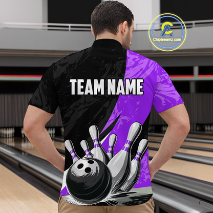 Custom Purple Bowling Custom Men Bowling Shirt Polo & Quarter-Zip Bowling Team Jerseys HNT75