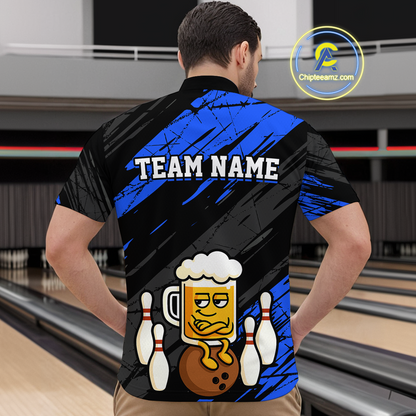 Custom Blue Funny Beer Bowling Jersey for Men Bowling Uniform Polo & 1/4 Zip Bowling Team Shirts HNT107