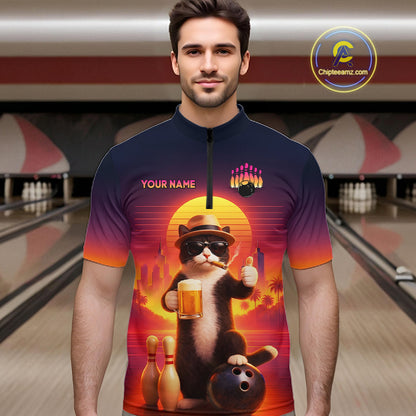 Custom Beer Cat Retro Bowling Shirt for Men Cat Funny Beer Bowling Team Jersey Polo &1/4 Zip HNT275