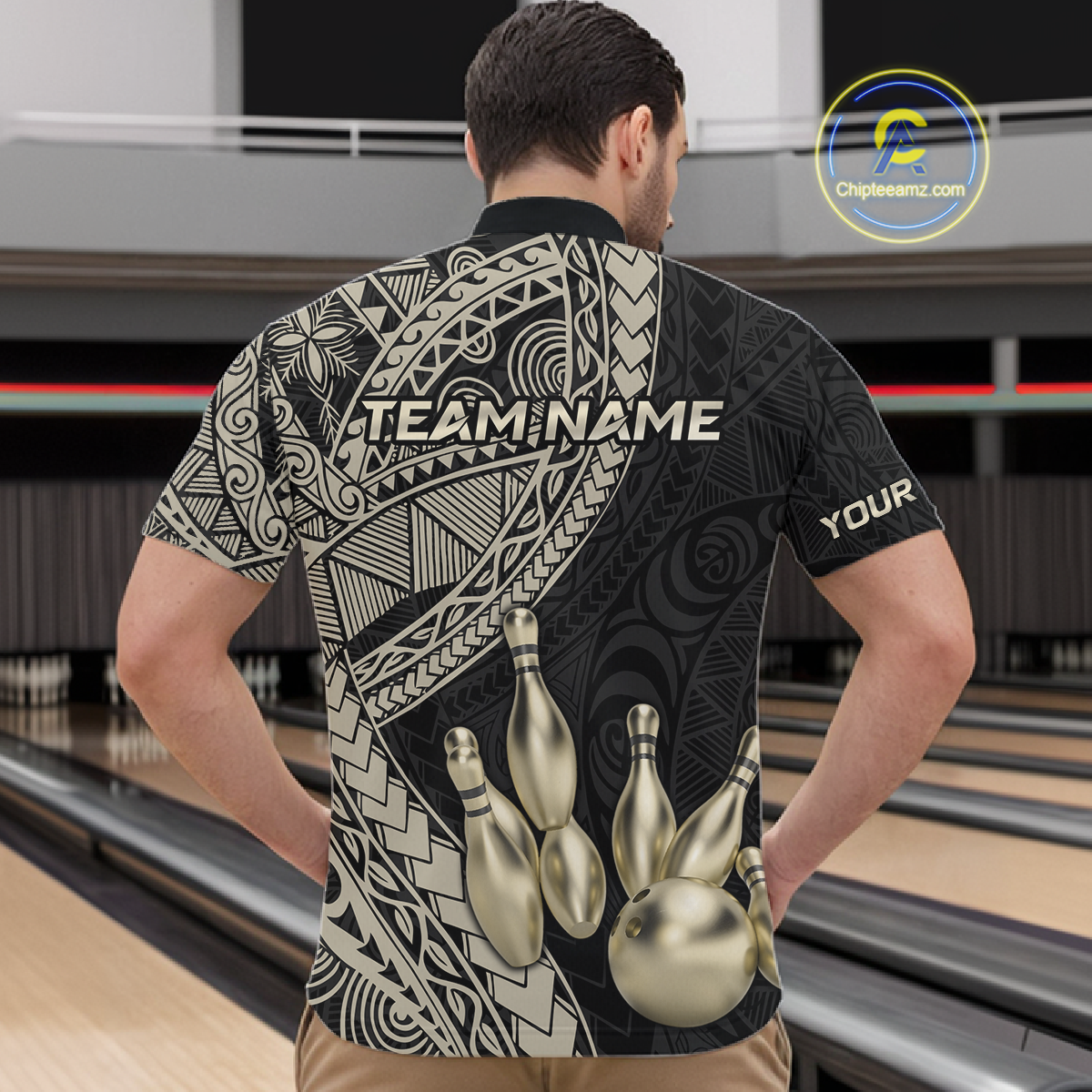 Black and Gold Tribal Pattern Bowling Jersey for Men Bowling Uniform Bowling Team Shirts HNT225