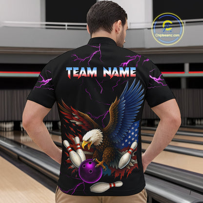 Purple Thunder US Flag Eagle Bowling Shirts for Men Team Bowling Polo & Quarter-Zip HNT96