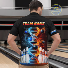 Load image into Gallery viewer, Man wearing custom ice and fire DNA bowling 1/4 zip shirt, back view mockup, personalized bowling league jersey.