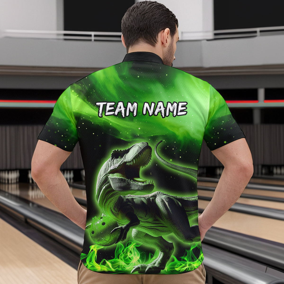 Personalized Green Dinosaur Bowling Shirt Bowling Quarter-Zip Team League for Men Women QZT666
