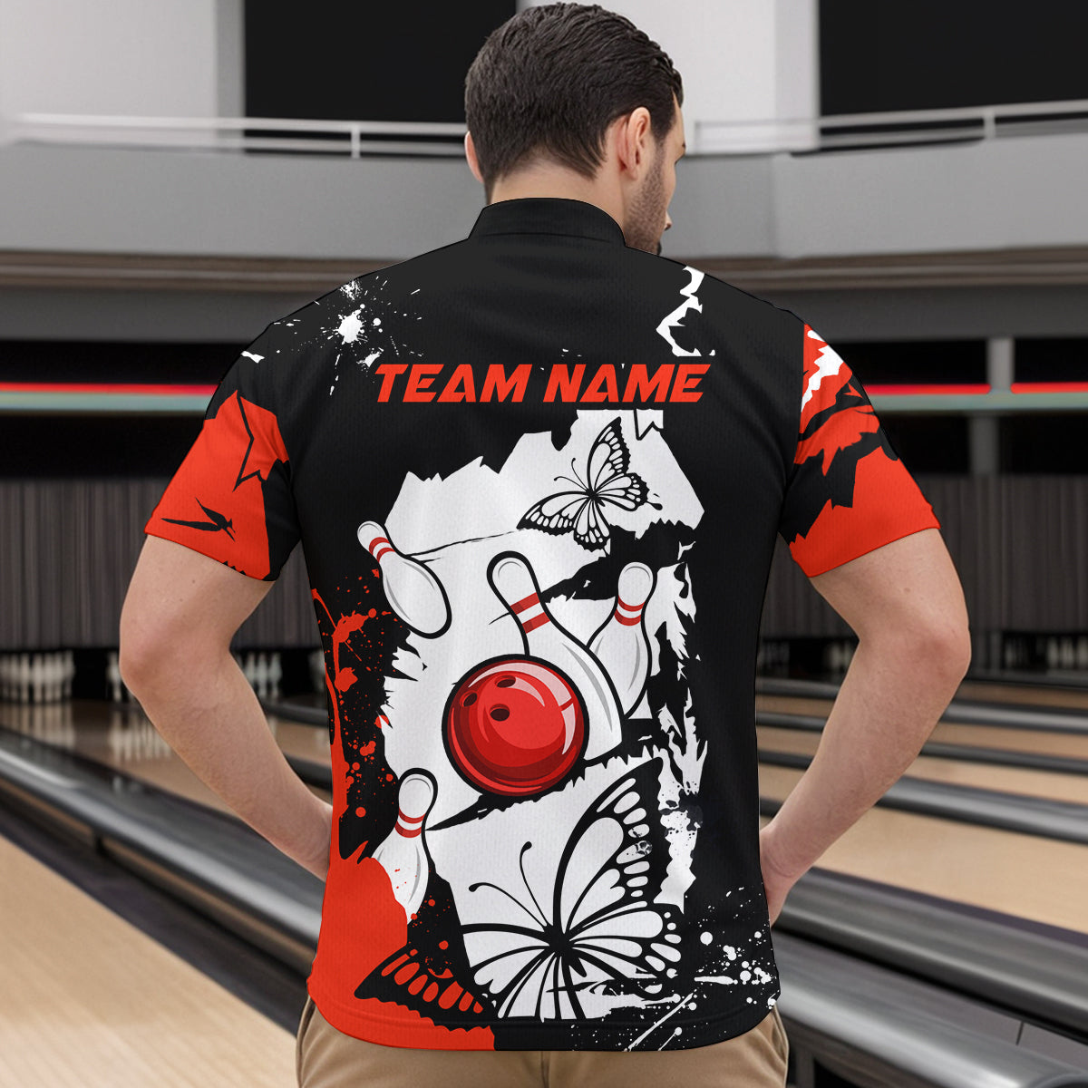 Custom Red Butterflies Bowling Shirt for Men Women Team Bowling Polo&Quater Zip MBL76