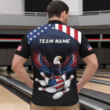 Load image into Gallery viewer, Man wearing custom american flag with eagle bowling quarter-zip shirt, back view mockup, personalized bowling league jersey.