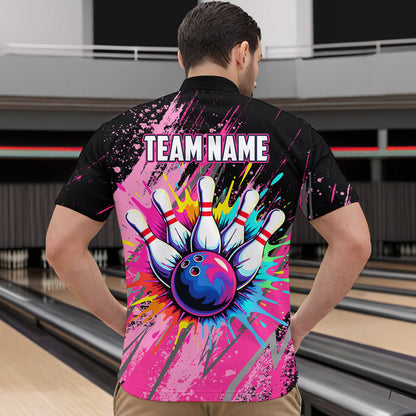 Custom Pink Bowling Shirt for Women Men Bowling Water Color Bowling Polo & 1/4 Zip Shirts MBL37
