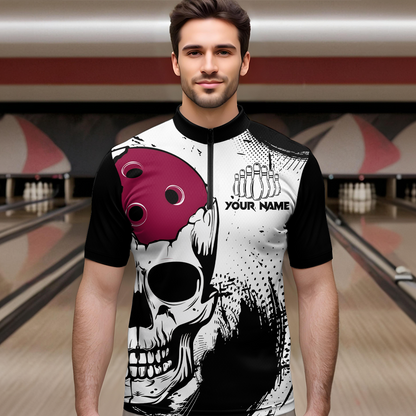 Personalized Bowling Shirt Skull Bowling Team Jersey Quarter-Zip Shirt for Men QZT275