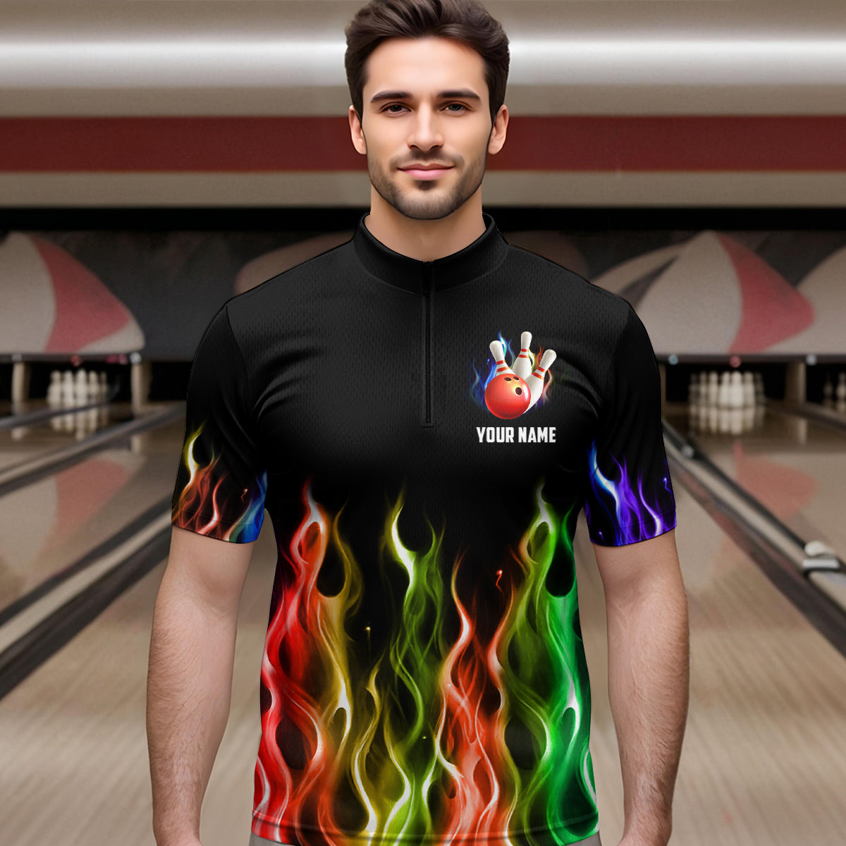 Rainbow Flame Bowling Jersey For Men Personalized Bowling Team Shirts Bowling Quarter-Zip Shirt BDT324