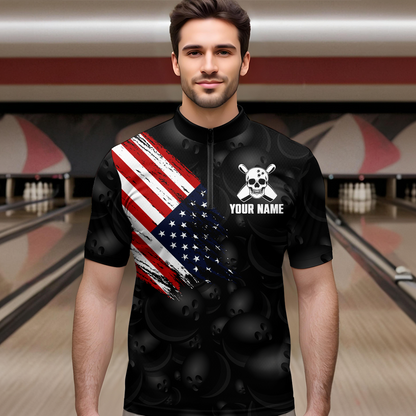 Skull US Flag Bowling Shirt for Men Personalized Patriotic Bowling Team Jersey Shirts Polo & Quarter-Zip HNT31