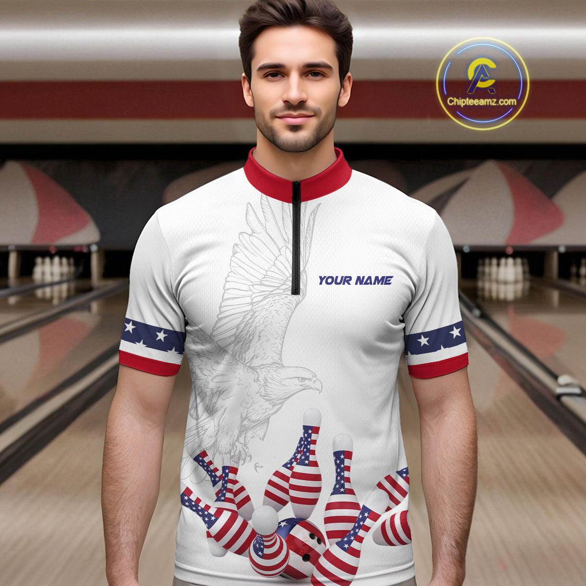 Custom Eagle US Flag Bowling Men Bowling Shirt Polo & Quarter-Zip Bowling Team Jerseys HNT76