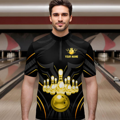 Black and Gold Custom Name Bowling Jerseys For Men Bowling Team Shirts Bowling Pin And Ball HNT26