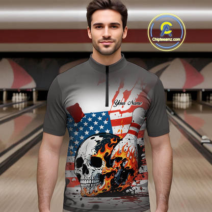 Custom American Flag Skull Flame Bowling Men Polo & 1/4 Zip Shirts Bowling Team Jerseys HNT91