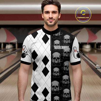 Black & White Bowling Shirt Custom Skull Quarter-Zip Bowling Jersey Gift for Bowlers QZT693