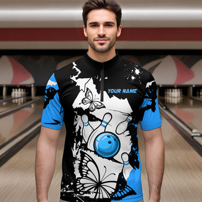 Custom Blue Butterflies Bowling Shirt for Men Women Team Bowling Polo&Quater Zip MBL76