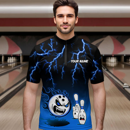 Blue Funny Crazy Bowling Shirt for Men Bowling Jersey Shirts Polo & Quarter- Zip Bowling League HNT17
