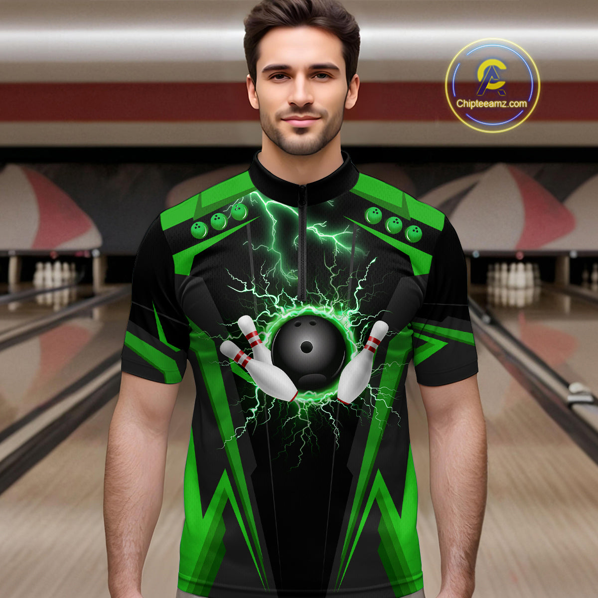 Black Men bowling Polo, Quarter Zip shirt Custom lightning thunder team league bowling jersey | Green NQS10374