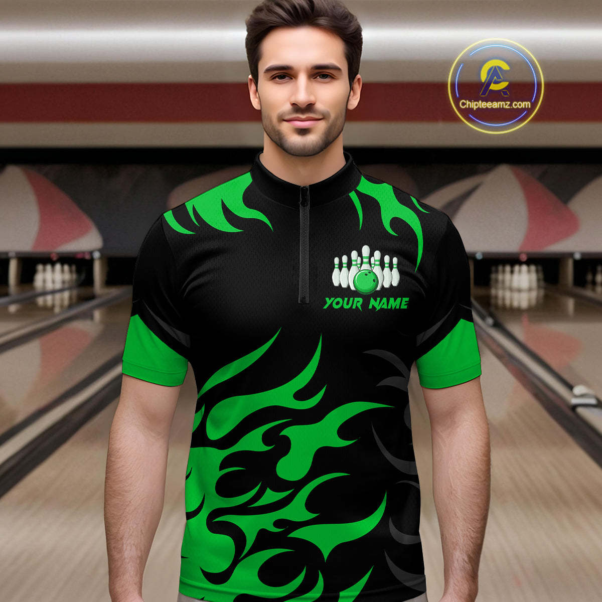 Black and Green Flame Bowling shirts for Men Custom team bowling jerseys, mens bowling apparel NQS10268