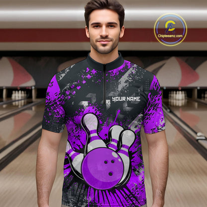 Purple Watercolor Bowling Shirts for Women Men Custom Team Bowling Polo&1/4 Zip Shirt MBL110