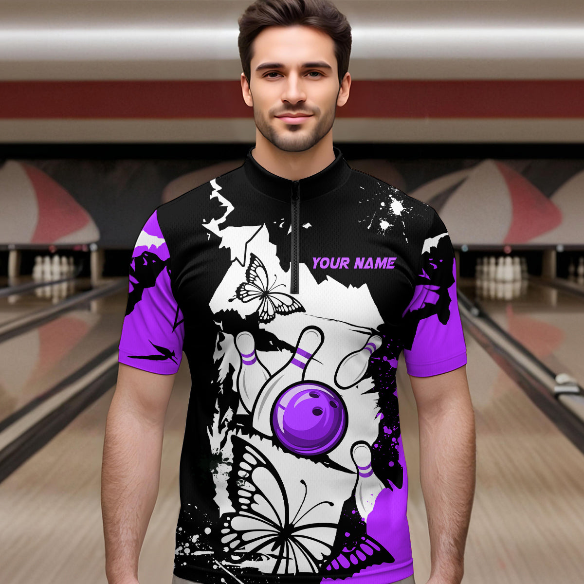Custom Purple Butterflies Bowling Shirt for Men Women Team Bowling Polo&Quater Zip MBL76