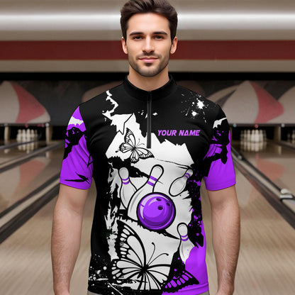 Custom Purple Butterflies Bowling Shirt for Men Women Team Bowling Polo&Quater Zip MBL76