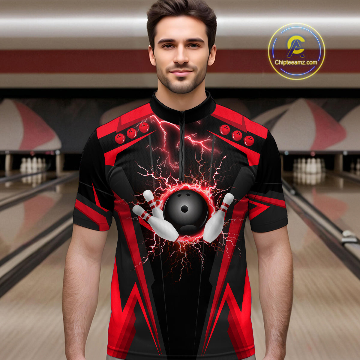Black Mens bowling Polo, Quarter Zip shirt Custom lightning thunder team league bowling jerseys | Red NQS10373