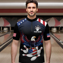 Load image into Gallery viewer, Man wearing custom american flag with eagle bowling quarter-zip shirt, front view mockup, personalized bowling league jersey.