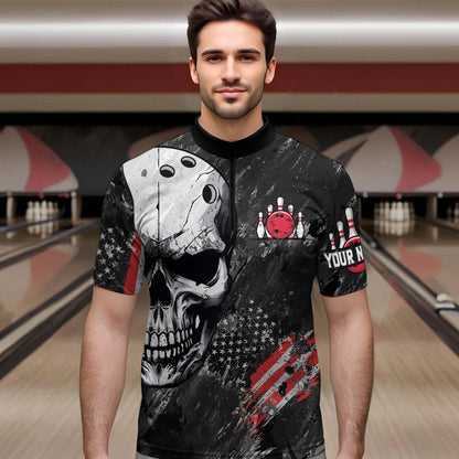Custom Bowling Shirt for Men Skull Bowling Jersey Bowling Team League Quarter-Zip Shirt QZT47-3