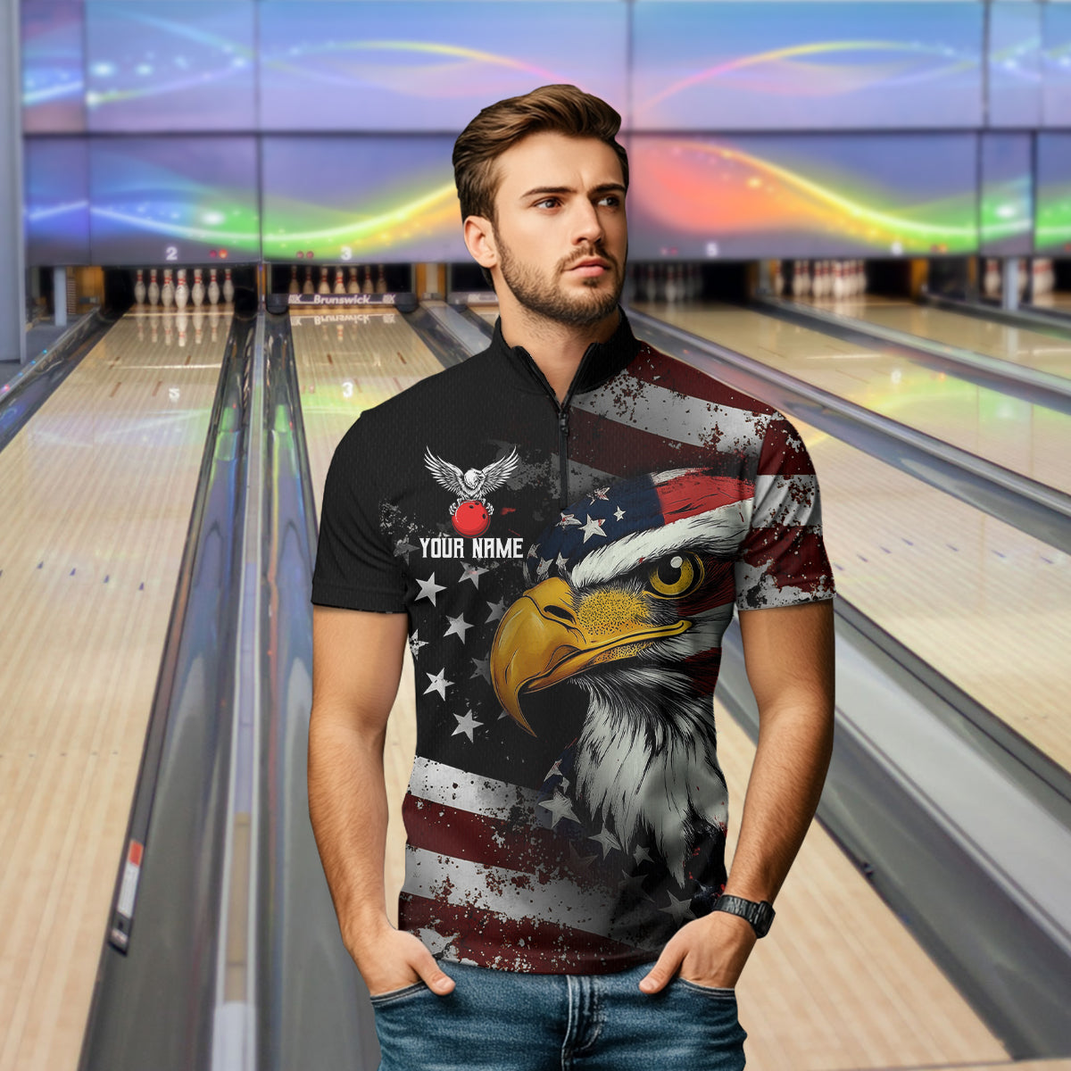 Custom US Eagle Bowling Jersey for Men Bowling Team Shirts Bowling Uniform Polo & 1/4 Zip HNT160