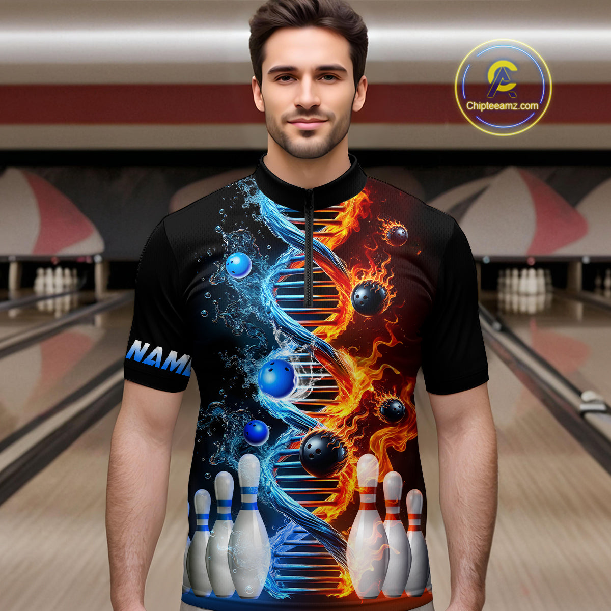 Man wearing custom ice and fire DNA bowling 1/4 zip shirt, front view mockup, personalized bowling league jersey.