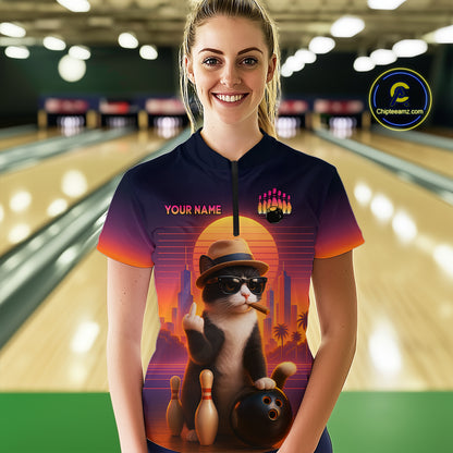 Women’s retro funny cat bowling quarter zip shirt, front view on female model in bowling lane 