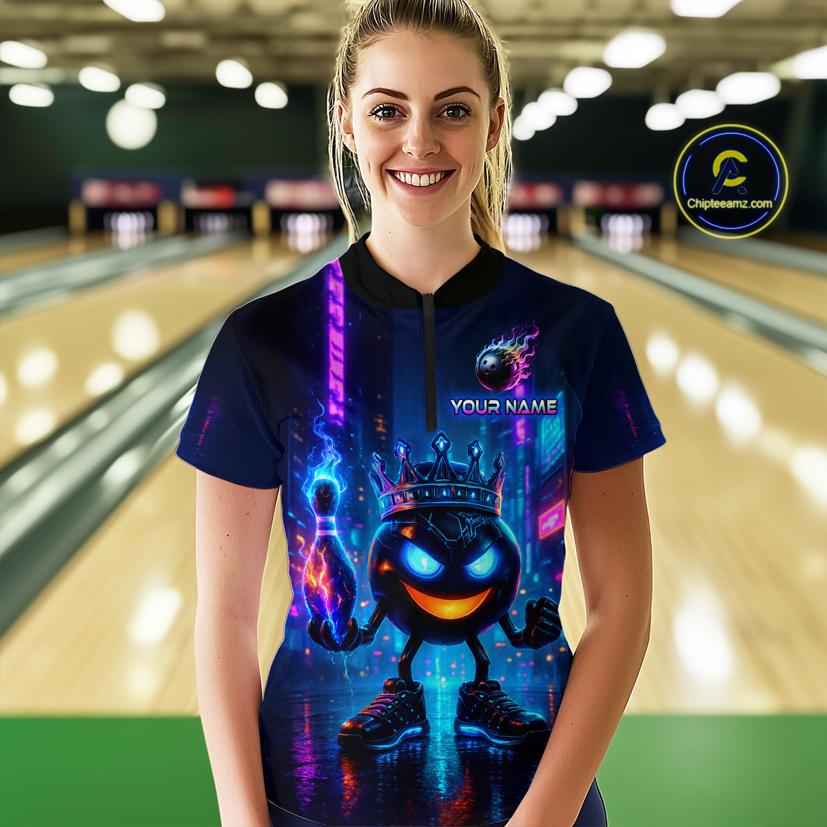 Custom Neon Lightning Bowling Shirt Funny Women Bowling Team Jersey Polo & 1/4-Zip Bowling Outfit QZT740
