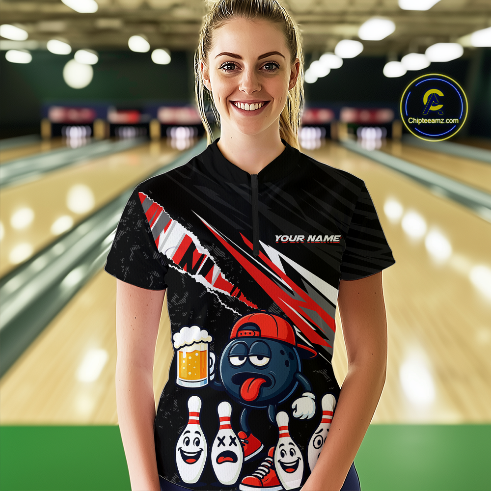 Custom Red Beer Bowling Jersey for Women Bowling Team Shirts Bowling Uniform Polo & 1/4 Zip HNT133