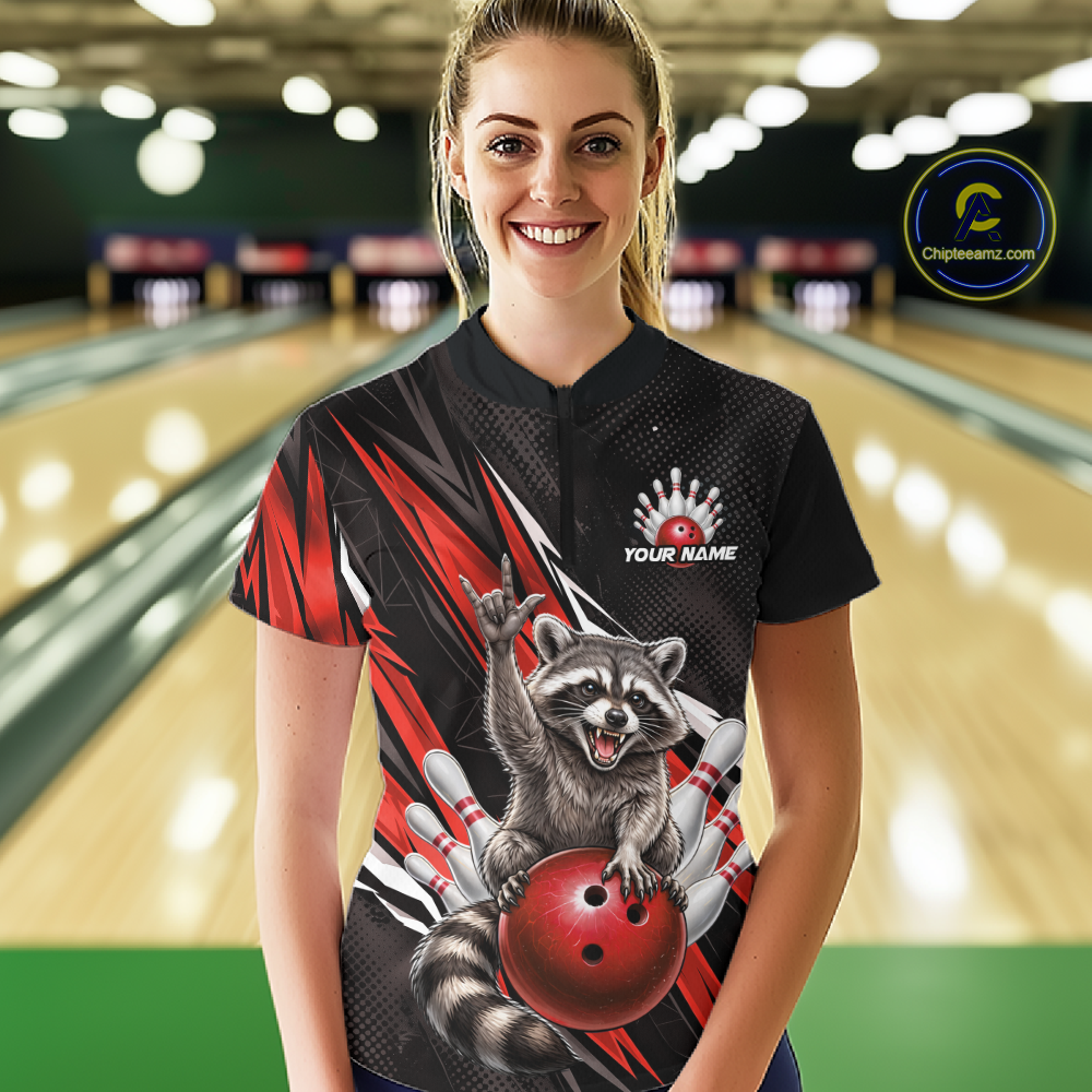 Custom Red Raccoon Bowling Jersey for Women Bowling Team Shirts Bowling Polo & 1/4 Zip HNT254