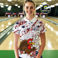 Load image into Gallery viewer, Woman wearing a colorful bowling shirt with a turkey design in a bowling alley.