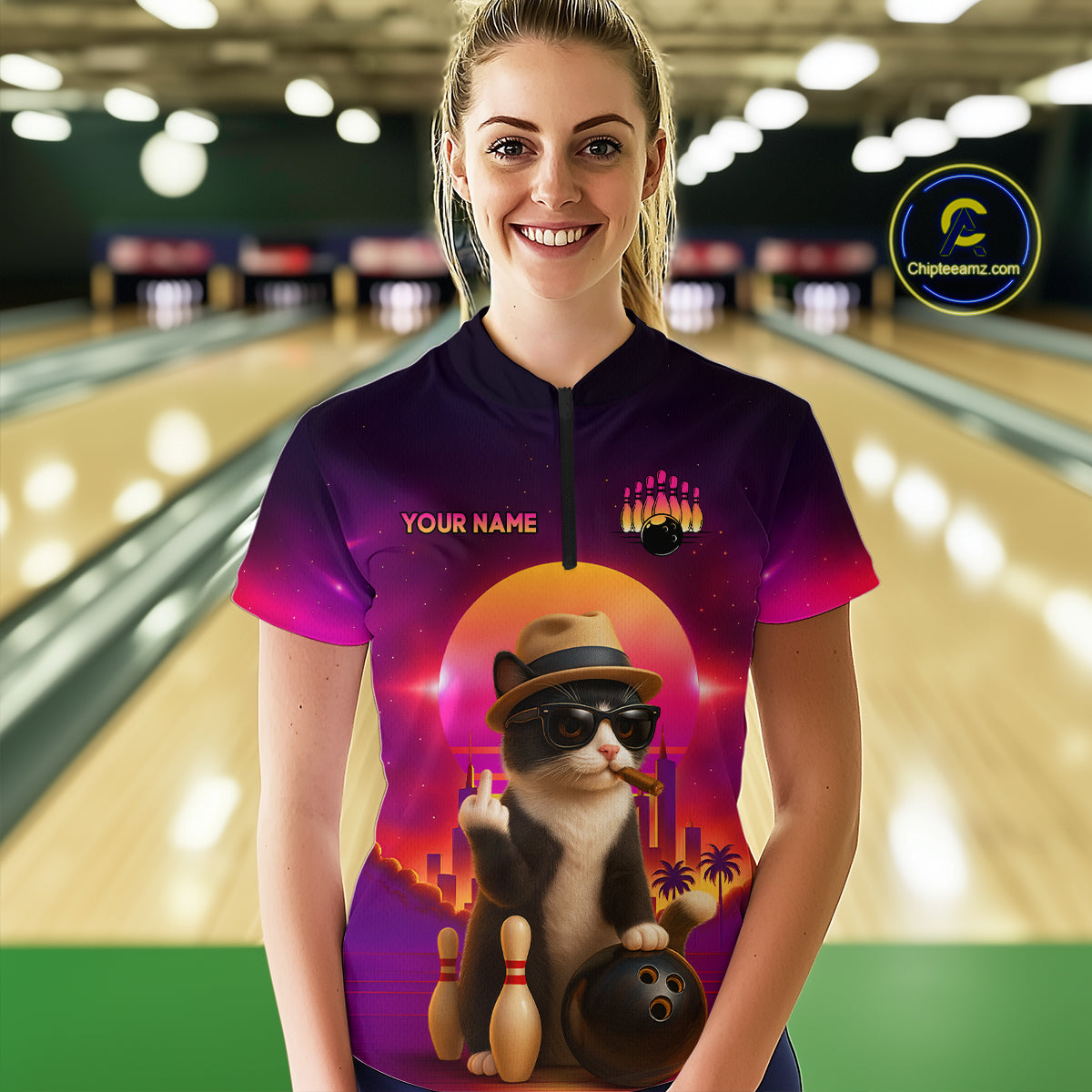 Custom Funny Cat Bowling Jersey for Women Bowling League Polo & 1/4 Zip Bowling Team Shirts HNT142