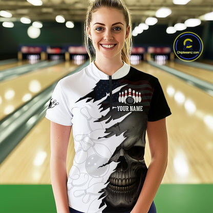 Custom Black White Skull Bowling Jersey for Women Bowling Polo & 1/4 Zip Bowling Team Shirts HNT111