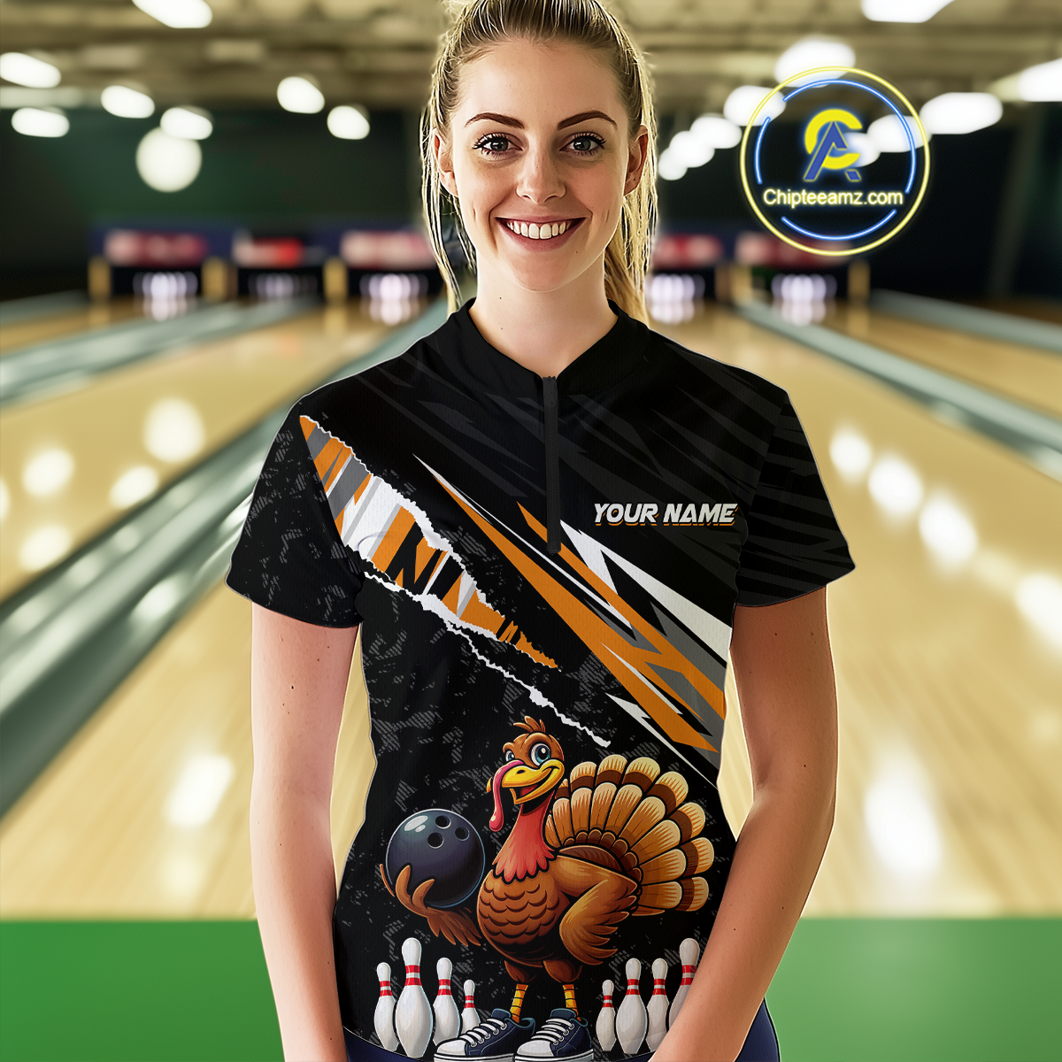 Custom Orange Funny Turkey Bowling Jersey for Women Thanksgiving Bowling Shirts Polo & 1/4 Zip HNT117