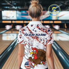 Load image into Gallery viewer, Person wearing a bowling shirt with a turkey design and 'Team Name' text in a bowling alley.
