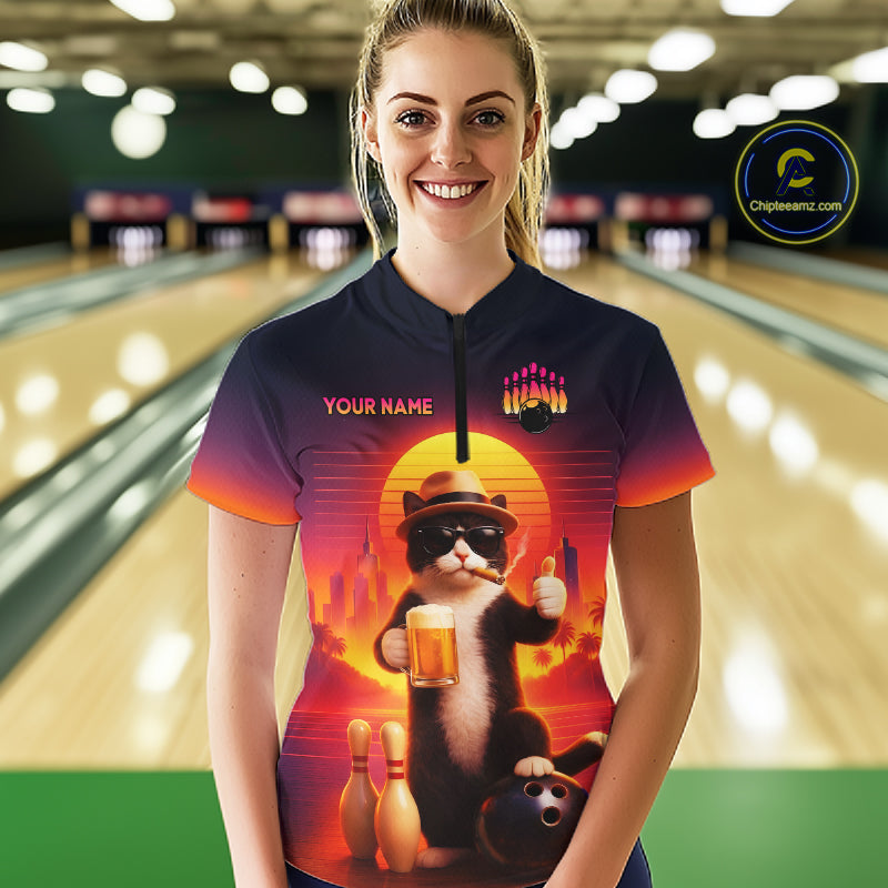 Custom Beer Cat Retro Bowling Shirt for Women Cat Funny Beer Bowling Team Jersey Polo &1/4 Zip HNT275