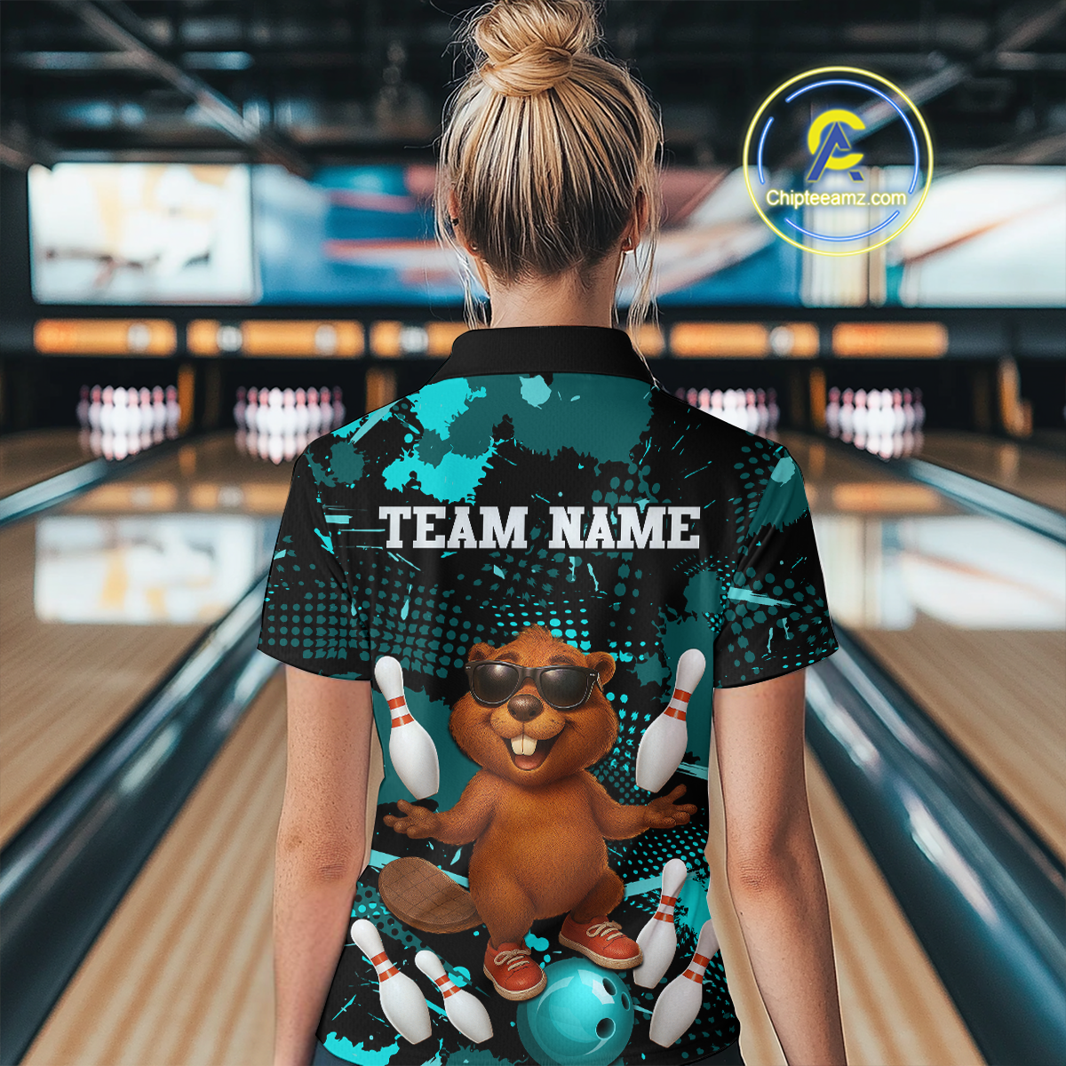 Custom Teal Funny Beaver Bowling Team Shirt Women Bowling League Jersey Polo Bowling Outfit QZT764