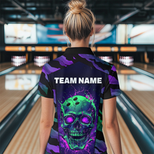Load image into Gallery viewer, Black &amp; Purple Skull Bowling Jersey Custom Quarter-Zip Bowling Team Shirt for Men Women QZT675