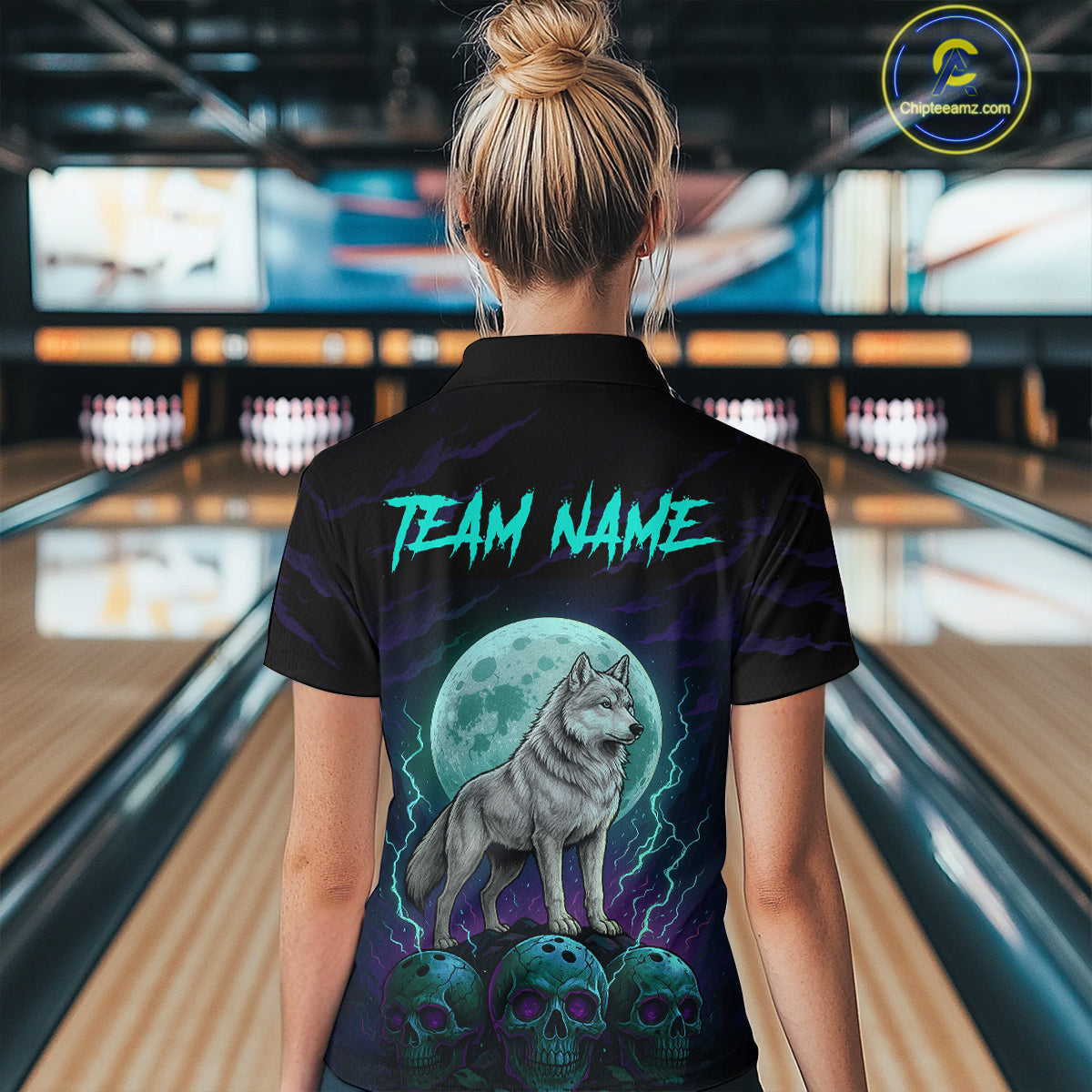 Teal And Purple Wolf & Skull Bowling Team Shirt for Women Custom Bowling League Jersey Bowling Unisex QZT750