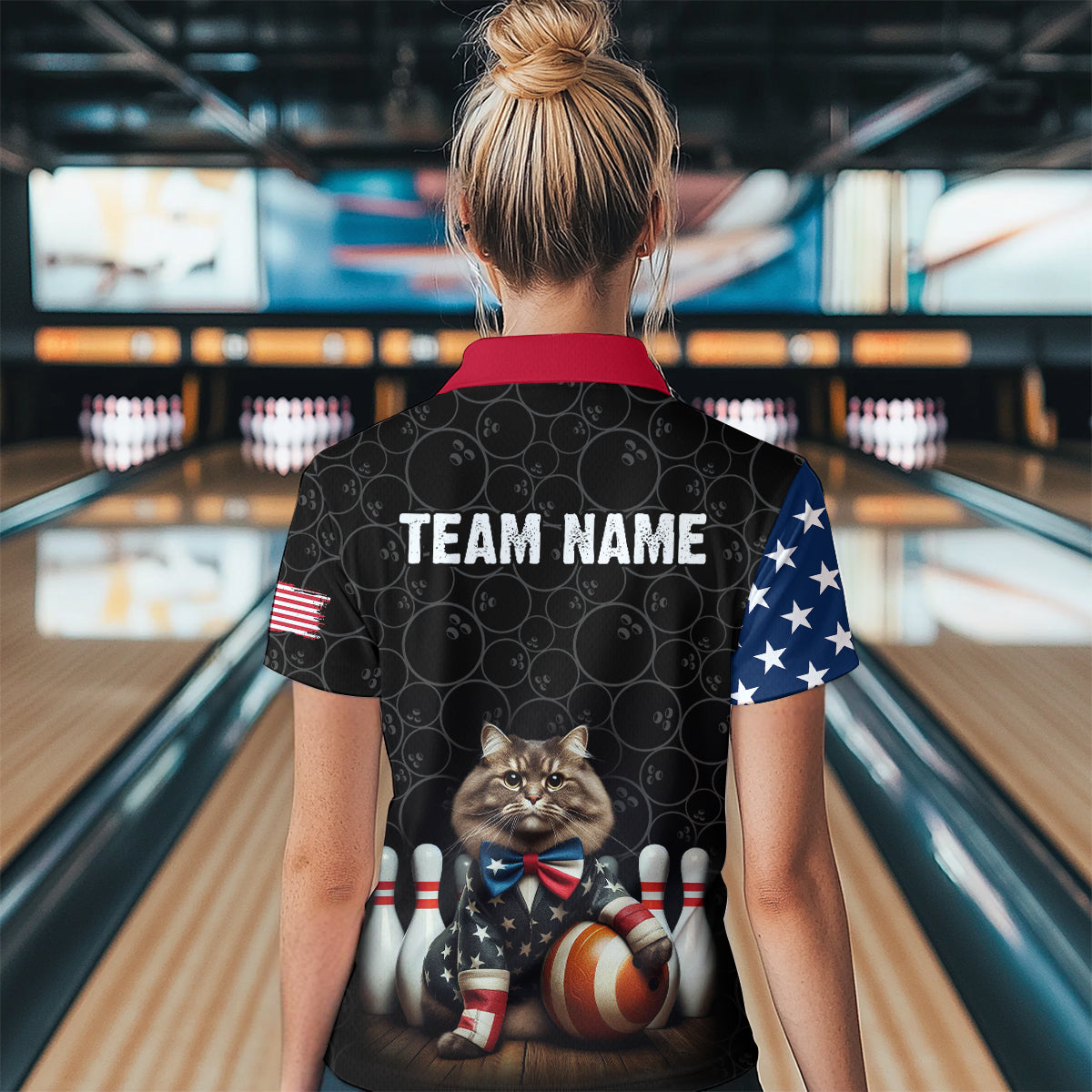 Personalized Patriotic Cat Bowling Shirt Quarter-Zip American Bowling Jersey for Men Women QZT673